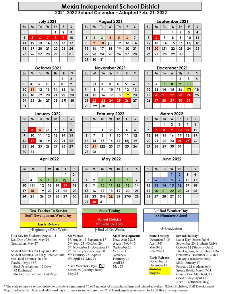 MISD 2021-2022 Instructional Calendar Amended 2-21-22