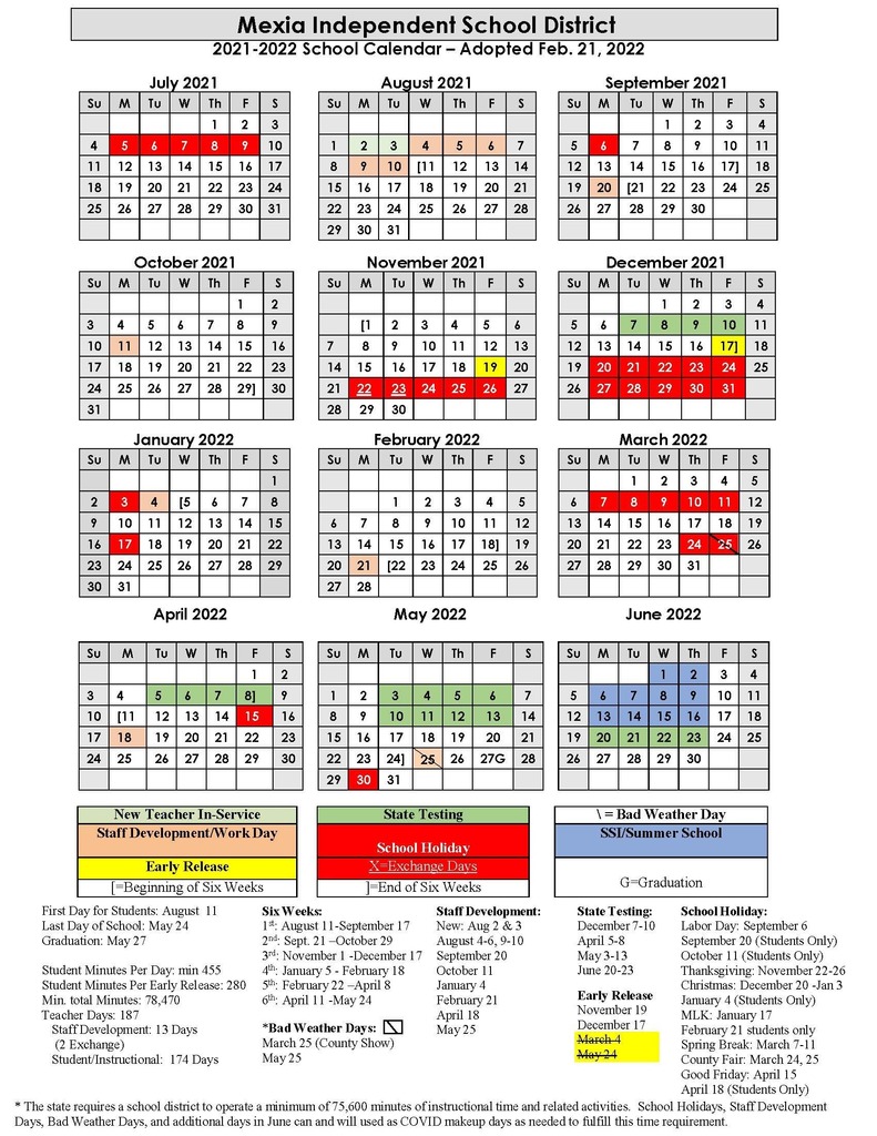 MISD 2021-2022 Instructional Calendar Amended 2-21-22